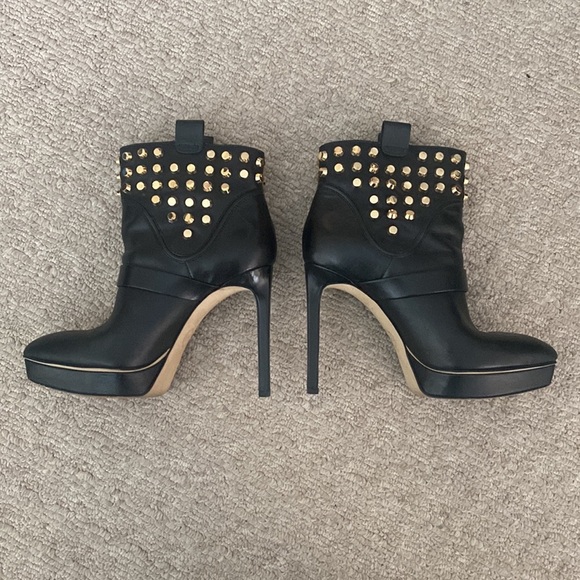 Michael Kors Bryn Gold Studded Buckle Leather Platform Stiletto Heeled Boots 7 - Picture 4 of 11